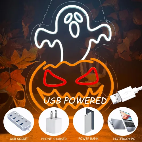 Miniatura 7 de Letrero de neón de calabaza fantasma de Halloween, cara de fantasma, luz de neón espeluznante de calabaza de neón, letreros LED regulables