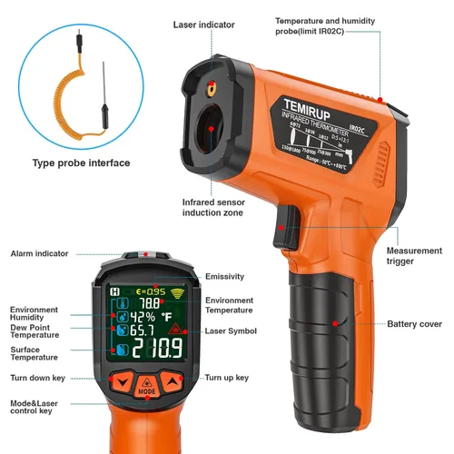 Miniatura 9 de Pistola Termómetro Infrarrojo MESTEK, Termómetro Láser Digital sin Contacto con LCD a Color para Cocina, Reparaciones Domésticas, Medición