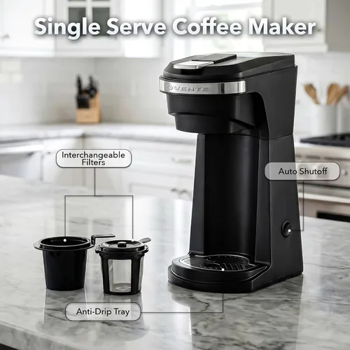 Miniatura 3 de OVENTE Cafetera de una sola porción de 14 onzas para K Cups y café molido, cafetera de preparación de un solo toque, diseño compacto, filtro