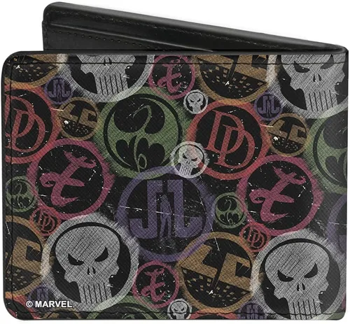 Miniatura 2 de Billetera con cierre de hebilla de PU con diseño de caballeros, 6 iconos de Marvel, color negro y multicolor