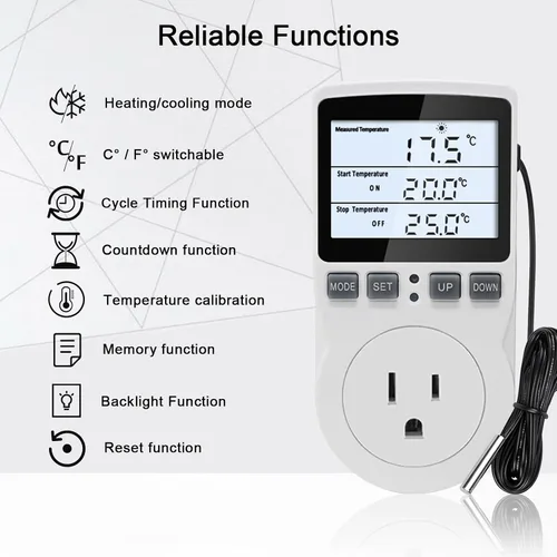 Miniatura 2 de KETOTEK Termostato de enchufe controlador de temperatura digital con retroiluminación LCD 120V, enchufe de control de temperatura de calefacción
