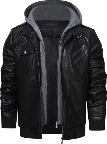 Miniatura 4 de Hood Crew - Chaqueta bomber para hombre, casual, con cuello alto, cazadora de moto, de piel sintética de poliuretano, con cremallera y capucha Negro