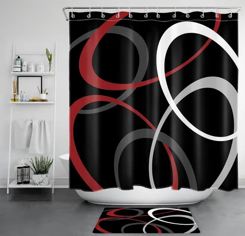Miniatura 26 de EOBTAIN Cortina de ducha con patrón geométrico azul para baño, cortina de ducha abstracta gris y blanca sobre tela negra con 10 ganchos, cortinas