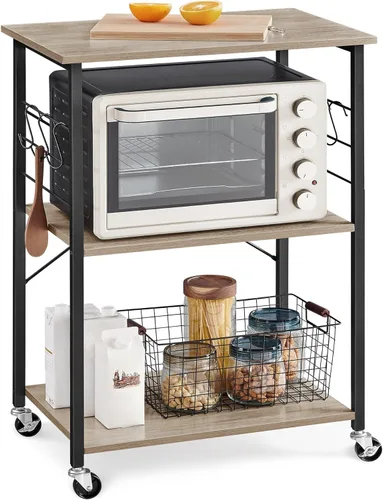 VASAGLE Estante de cocina con ruedas, carrito de servicio de 23.6 pulgadas con 3 estantes, carrito de cocina, estante de microondas, para mini Gris
