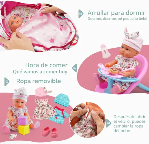 Miniatura 4 de Juego de Juguetes de Cochecito para Muñeca de Bebé con Muñeca de Bebé de 13'', Cama de Muñeca, Silla de Comedor, 26 Piezas de Accesorios para Muñeca