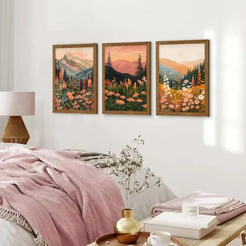 Miniatura 3 de WRFON Lienzo botánico y de flores, arte enmarcado de pared de paisaje de montaña, juego de 3, impresión en lienzo de prado de flores silvestres