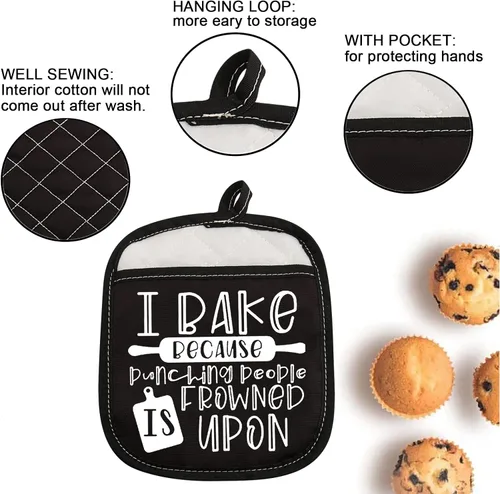 Miniatura 3 de ZJXHPO Almohadillas para horno de regalo para hornear, soporte para ollas I Bake Because Punching People is Frowned Upon Hot Pads (Frunción sobre)