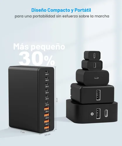 Miniatura 8 de Estación de carga USB C de 10 puertos con 4 cables USB, bloque de cargador GaN tipo C de 200W, adaptador de enchufe de regleta de alimentación