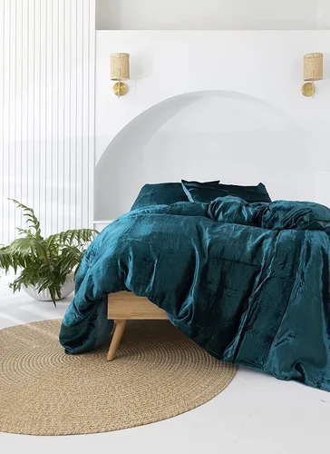 Miniatura 2 de Sophia-Art Juego de cama de terciopelo de rayón de 3 piezas, estilo bohemio, funda de edredón de un solo color, funda de colcha