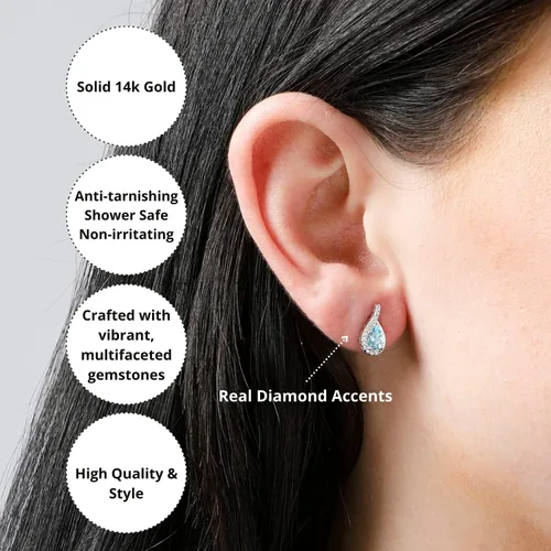 Miniatura 3 de 14k Yellow or White Gold Gemstone Pear Shape Drop Stud Earrings for Women with Teardrop Natural Diamonds and Push Backs 6mm x 4mm Birthstone by MAX