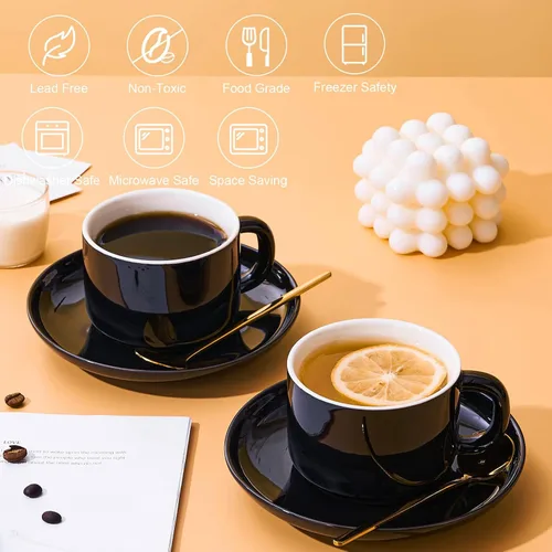 Miniatura 3 de Juego de 6 tazas de capuchino de 8 onzas, tazas de té con platillos y cucharas, tazas de té de cerámica negra, tazas de café para té, capuchino