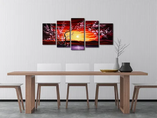 Miniatura 5 de Wieco Art 5 piezas de lienzo con diseño de flor de ciruelo, arte de pared, cuadros florales abstractos, pinturas decorativas para decoración