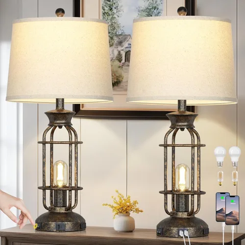 Lámparas de mesa vintage de 28 pulgadas para sala de estar, lámpara de mesa industrial de granja con puertos USB C+A y tomacorriente, lámparas de