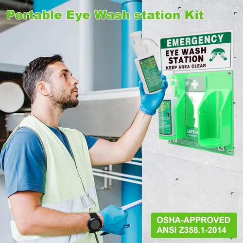 Miniatura 2 de Estación portátil de lavado de ojos aprobada por OSHA - Montada en pared, kit de botellas de enjuague de emergencia para ojos, 16oz sin solución