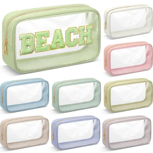 Miniatura 10 de 9 bolsas de maquillaje transparentes de felpilla para bricolaje, bolsa grande de nailon para maquillaje, artículos de aseo de viaje, con cremallera