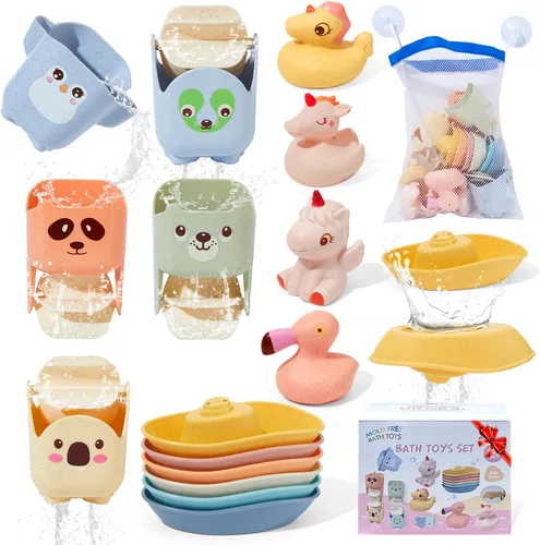 Miniatura 8 de Juguetes de baño para bebés de 1 a 3 años, paquete de 14 juguetes de baño para niños de 2 a 4 años, juguetes de agua con botes flotantes y tazas