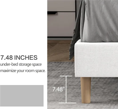 Miniatura 4 de Base de cama tapizada de tamaño individual con cabecero, listones de madera fuertes, no necesita somier, fácil montaje, lino blanco