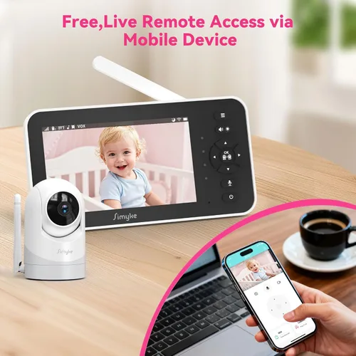 Miniatura 3 de Simyke Monitor de bebé, monitor de bebé de video de 5 pulgadas con cámara 720P, monitor de audio WiFi con PTZ remoto, visión nocturna, conversación