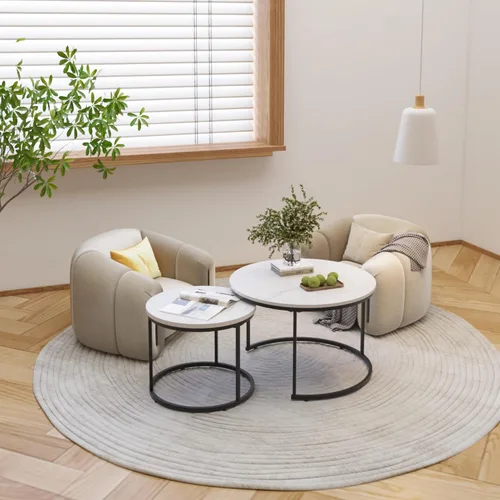 Miniatura 3 de Juego de 2 mesas auxiliares redondas pequeñas para sala de estar, 27.56 pulgadas de grano de madera de imitación de mármol sintético, mesa auxiliar