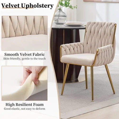 Miniatura 4 de ABET Silla de escritorio de oficina sin ruedas, silla de tocador de terciopelo tejido con respaldo y reposabrazos, cómoda y tapizada con patas