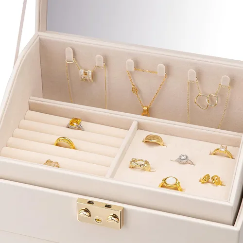 Miniatura 5 de Vlando Caja organizadora de joyas grande de terciopelo, caja de almacenamiento de joyas de 5 capas con espejo y cerradura, bandeja apilable y 3