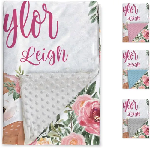 Miniatura 2 de Manta de bebé personalizada, manta de felpa suave con respaldo de puntos de doble capa para niños y niñas, nombre personalizado con diseño de animal