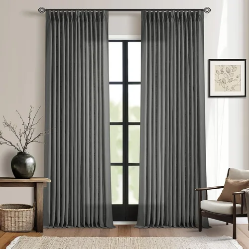 Miniatura 48 de Cortinas de lino natural con pliegues fruncidos de 120 pulgadas de largo para sala de estar, cortinas plisadas con ganchos y lengüeta trasera