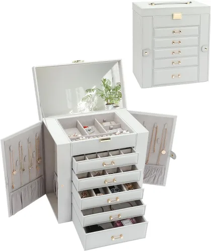 Miniatura 7 de V-LAFUYLIFE Joyero grande, organizador de joyas con 5 cajones, cajas de joyería de 6 niveles, organizador de joyas con espejo, cajas de joyería