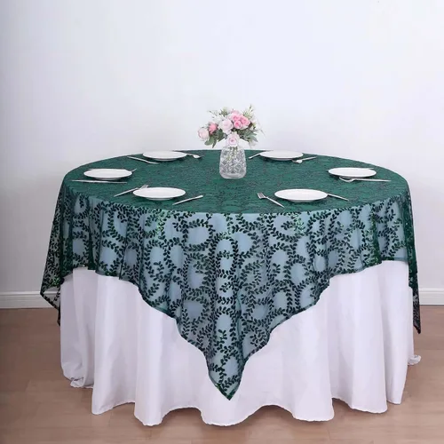 Miniatura 22 de Efavormart - Superposición de mesa de tul bordado de hojas de lentejuelas plateadas de 72 x 72 pulgadas, mantel cuadrado transparente Plateado