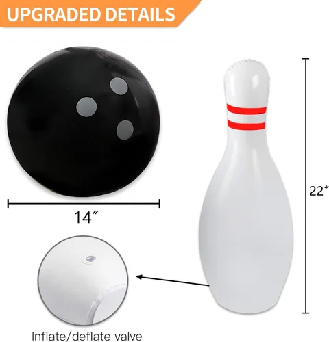 Miniatura 3 de Novelty Place Juego de bolos gigante inflable para la familia, bola de 14 pulgadas y 6 pines de gran tamaño de 22 pulgadas, juego de patio inflable