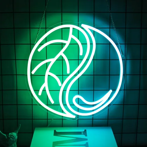 Yin Yang - Letrero de neón de hoja verde neón azul claro de gota de agua para pared, letreros de neón de Tai Chi para dormitorio, letrero de pared