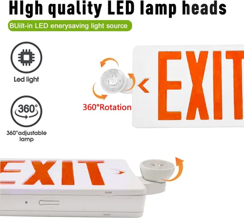 Miniatura 4 de OSTEK Señal de salida LED rojo con luces de emergencia, dos luces LED de salida de emergencia de cabeza ajustable con batería de respaldo, lámpara