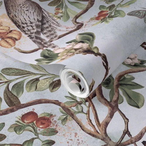 Miniatura 2 de Muestro de papel tapiz removible – Vintage Birds Acuarela Chinoiserie Antiqued of Prey Blue Green Gray Botánico Personalizado Papel pintado