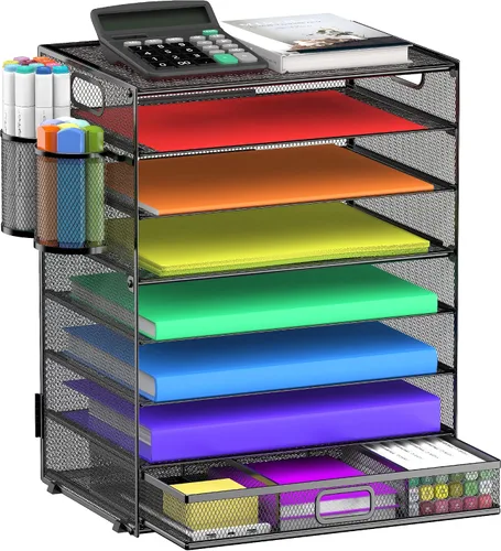 Miniatura 7 de Organizador de bandejas de papel de 8 niveles con asas, organizador de archivos de escritorio de malla para oficina, escuela, escritorio