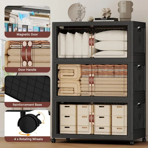 Miniatura 4 de 468QT - Contenedores de almacenamiento apilables extra grandes con tapas, ruedas y puerta, organizadores plegables de armario de 117 galones