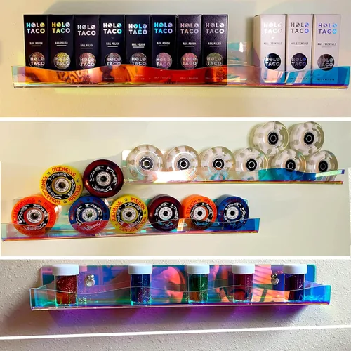 Miniatura 2 de YMVV Estante de esmalte de uñas de 15 pulgadas, estante montado en la pared, paquete de 6 organizadores de acrílico iridiscente arcoíris