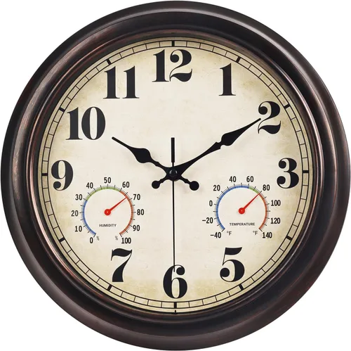 Miniatura 19 de JENLYSTIME Reloj de pared retro impermeable de 12 pulgadas para interior/exterior con termómetro, silencioso, redondo, de cuarzo, funciona con 40