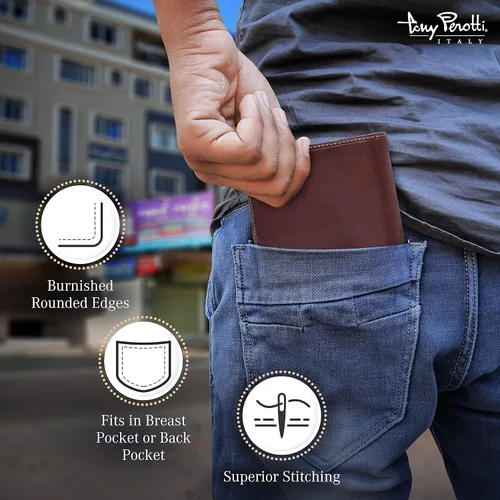 Miniatura 4 de Tony Perotti Men's Italian Leather Bifold Wallet With Card Holders, Pockets, ID Window - Eco-Friendly Vegetable-Tanned
