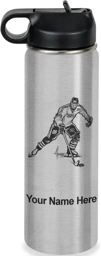 Miniatura 48 de LaserGram Botella de agua personalizada, jugador de hockey, acero inoxidable de doble pared aislada al vacío con popote superior, regalo grabado