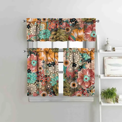Miniatura 5 de Juegos de cortinas bohemias de cocina para ventanas, cortina bohemia con flores, cenefa para ventana de fregadero, juego de 3 piezas, decoración