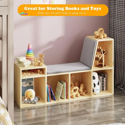 Miniatura 7 de HedoAjim Rincón de lectura para niños con almacenamiento, estantería infantil de 6 cubos con cojín de asiento suave, banco de lectura para sala