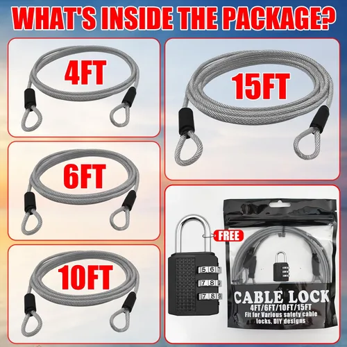 Miniatura 4 de Candados de cable de 4 pies/6 pies/10 pies/15 pies con combinación de cable de seguridad de 1/8 pulgadas con bucles para cerca, equipaje, gimnasio