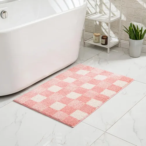 CozeCube - Tapetes de baño a cuadros escoceses, antideslizantes, afelpados, peludos, esponjosos, lavables, navideño, rosa cerezo, 36 x 24 pulgadas
