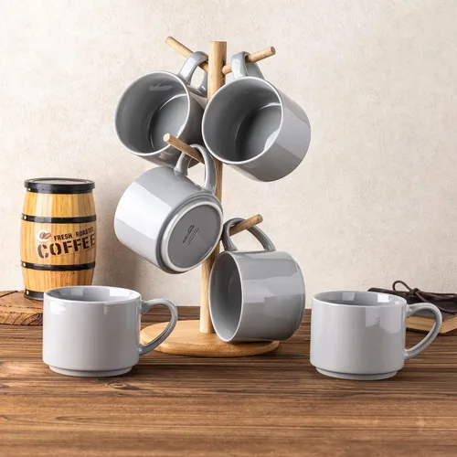 Miniatura 7 de GBHOME Juego de 6 tazas de cerámica apilables de 14 onzas, tazas de café modernas para bebidas calientes, color gris, 14 onzas líquidas, 6