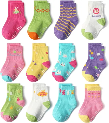 Miniatura 12 de SkiBeaut Calcetines para bebés y niñas, 12 pares de calcetines antideslizantes para niños pequeños con agarre para niñas de 0 a 7 años