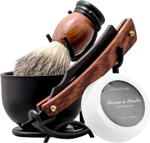 Miniatura 2 de Kit de afeitado con navaja recta Grandslam, navaja recta de acero con afeitador de cuero, brocha de afeitar, cuenco y soporte de afeitado de acero