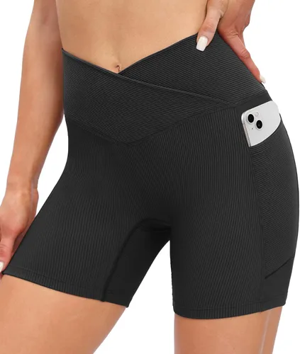 IUGA Pantalones cortos de ciclista acanalados para mujer, cintura alta, control de abdomen, cintura cruzada, pantalones cortos de elastano con