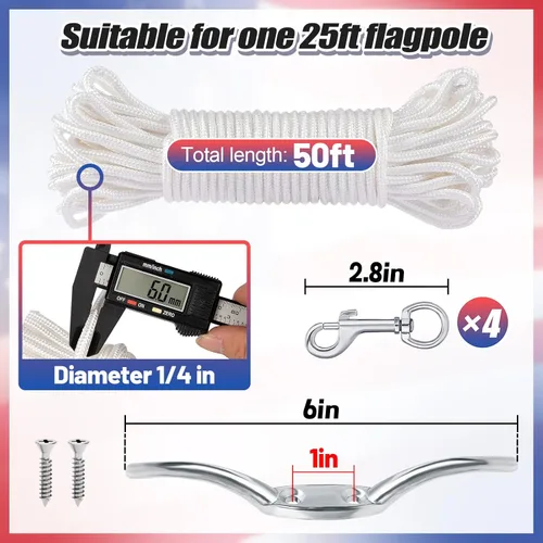 Miniatura 3 de Kit de cuerda y clips de bandera, 50 pies con gancho para tacos y 4 clips giratorios a presión para asta de bandera de hasta 25 pies, accesorios