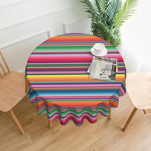 Miniatura 2 de Mantel redondo a rayas mexicanas de 60 pulgadas, mantel étnico, resistente a las manchas, impermeable, a prueba de derrames, mantel de poliéster