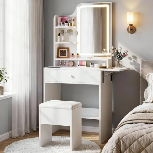 Haewon Pequeño tocador con espejo y luces, tocador de maquillaje con estación de carga, juego de tocador compacto con silla de almacenamiento, cajón
